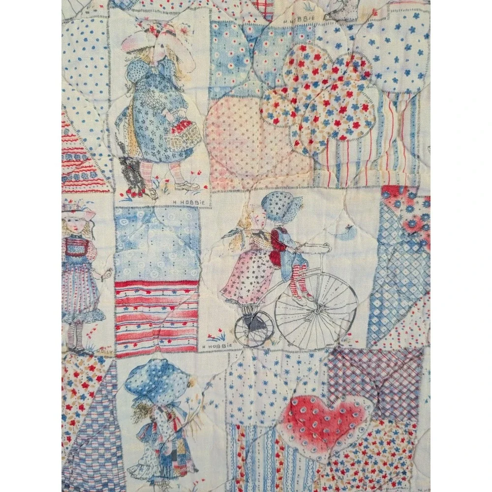 Vtg Holly Hobbie Quilted Blanket Cottagecore Grandmacore Prairie 70s 3-D PomPom